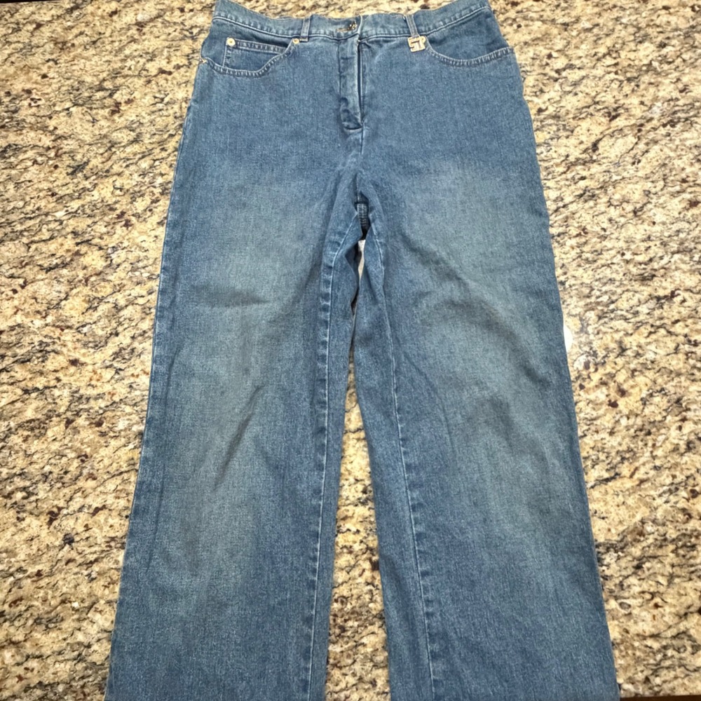 St John Sport Marie Gray Blue Denim Wide Leg High Rise Jeans Womens Size 12